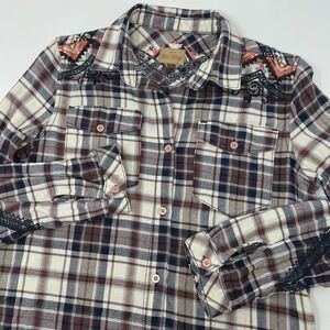 Driftwood Plaid Sam Floral Embroidered Button‎ Up Light Flannel Top Womens Small